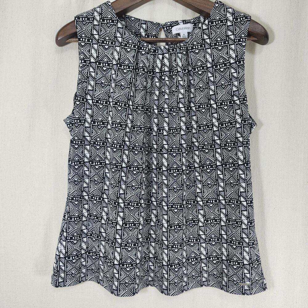 Calvin Klein Sleeveless Black & White Geometric Blouse Womens XL Business Casual